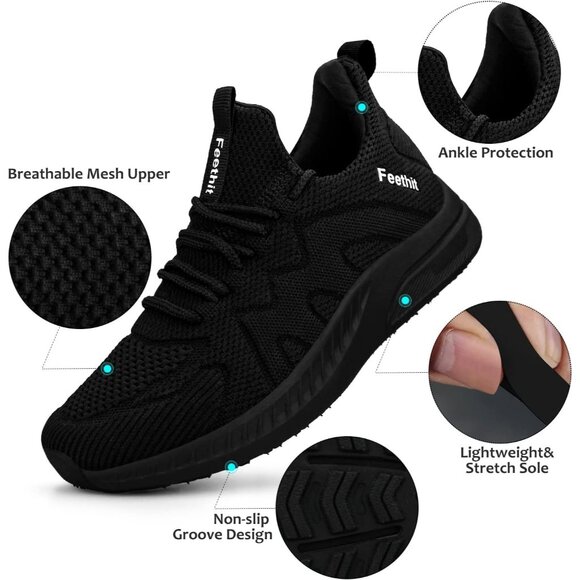 Feethit Women Black Lightweight Wide Mesh Workout Sneakers For Tennis Gym Travel - Picture 2 of 6
